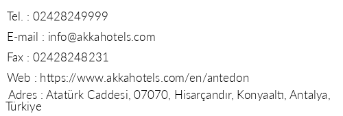 Akka Antedon Hotel telefon numaralar, faks, e-mail, posta adresi ve iletiim bilgileri
